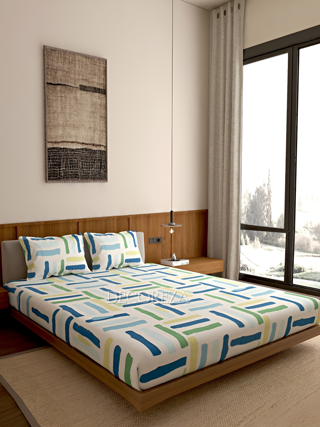 

DECOREZA White & Blue Striped 300 TC 130 GSM Queen Bedsheet with 2 Pillow Covers
