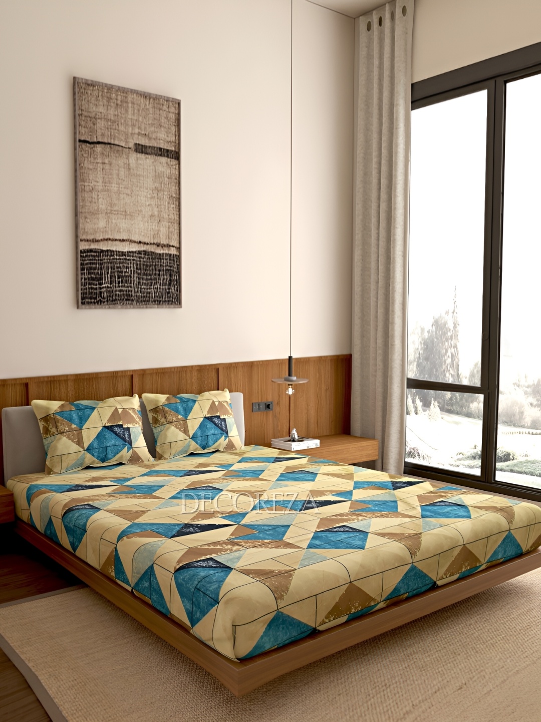 

DECOREZA Beige Blue Abstract Cotton 300 TC Queen Fitted Bedsheet With 2 Pillow Covers