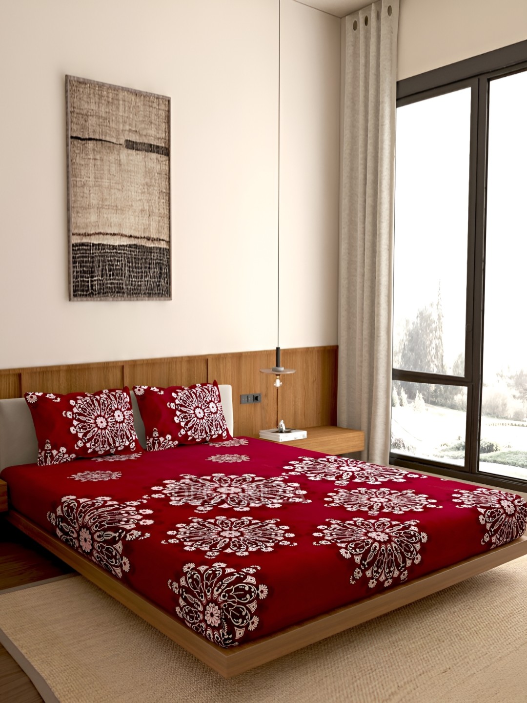

DECOREZA Maroon & White Floral 300 TC 130 GSM Queen Bedsheet with 2 Pillow Covers