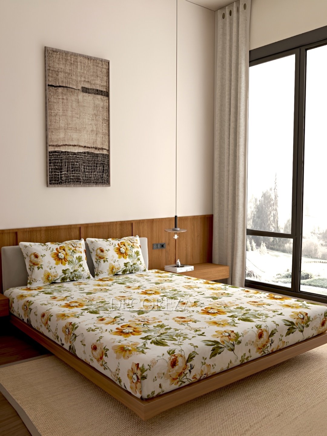 

DECOREZA White & Yellow Floral 300 TC 130 GSM Queen Bedsheet with 2 Pillow Covers