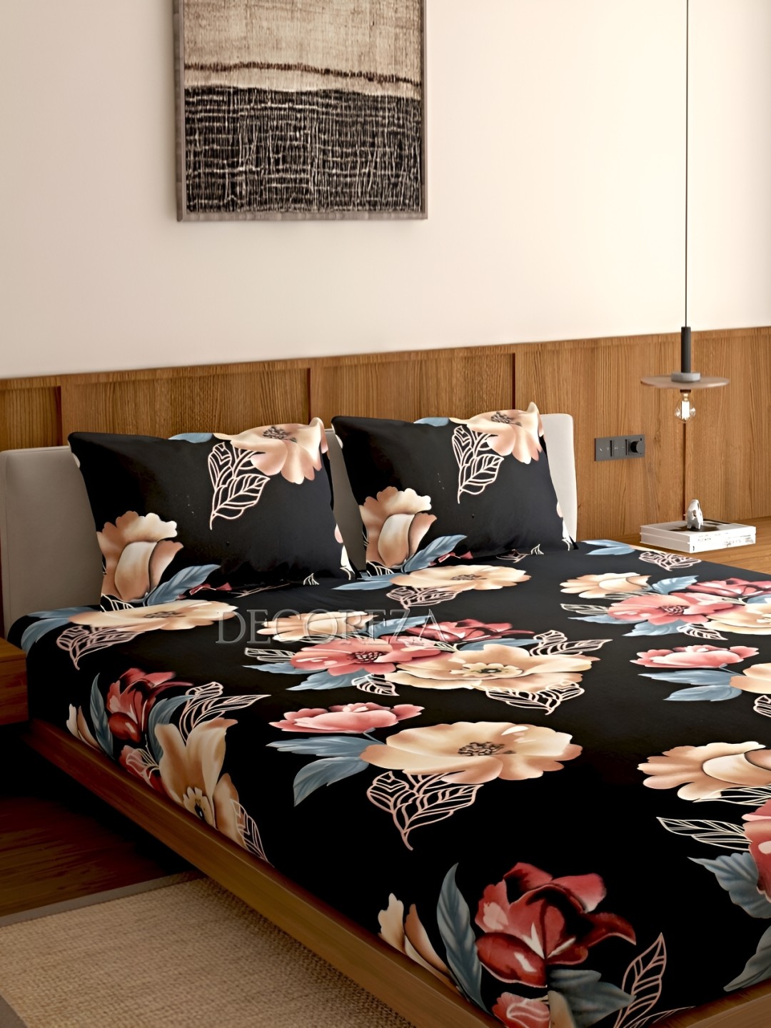 

DECOREZA Black & Beige Floral 300 TC 130 GSM Queen Bedsheet with 2 Pillow Covers