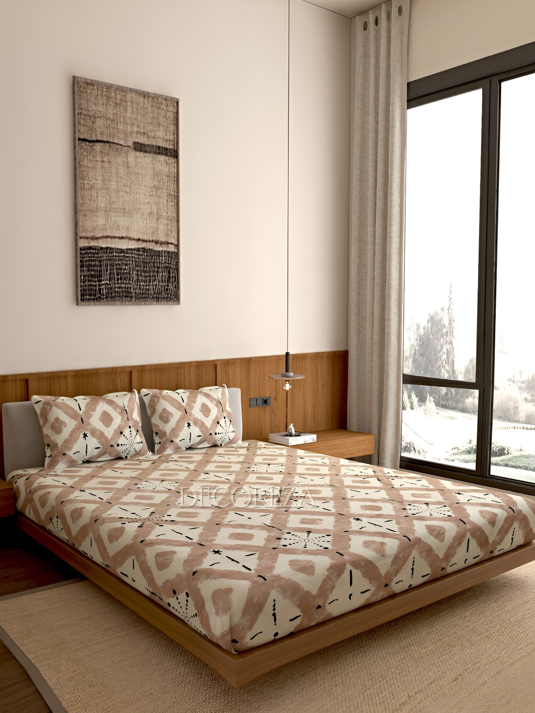 

DECOREZA Brown White Geometric Cotton 300 TC Queen Fitted Bedsheet With 2 Pillow Covers