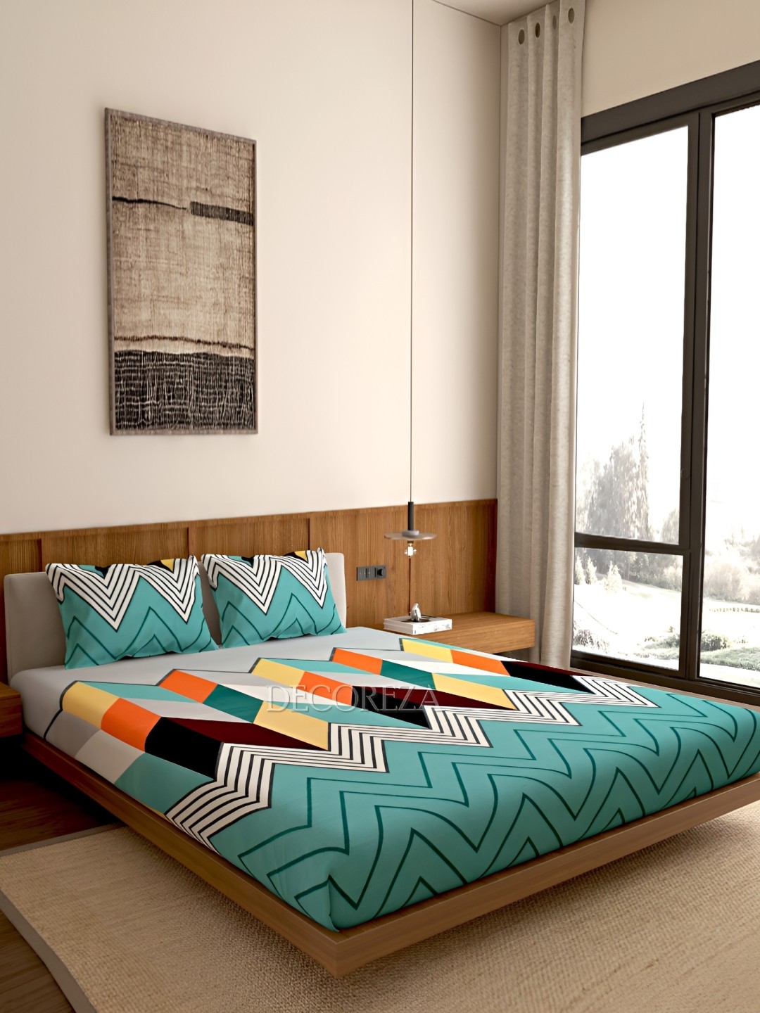 

DECOREZA Turquoise Blue Abstract 300 TC 130 GSM Queen Bedsheet with 2 Pillow Covers