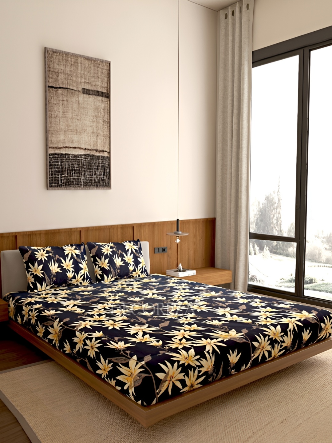 

DECOREZA Black Yellow Floral Cotton 300 TC Queen Fitted Bedsheet With 2 Pillow Covers