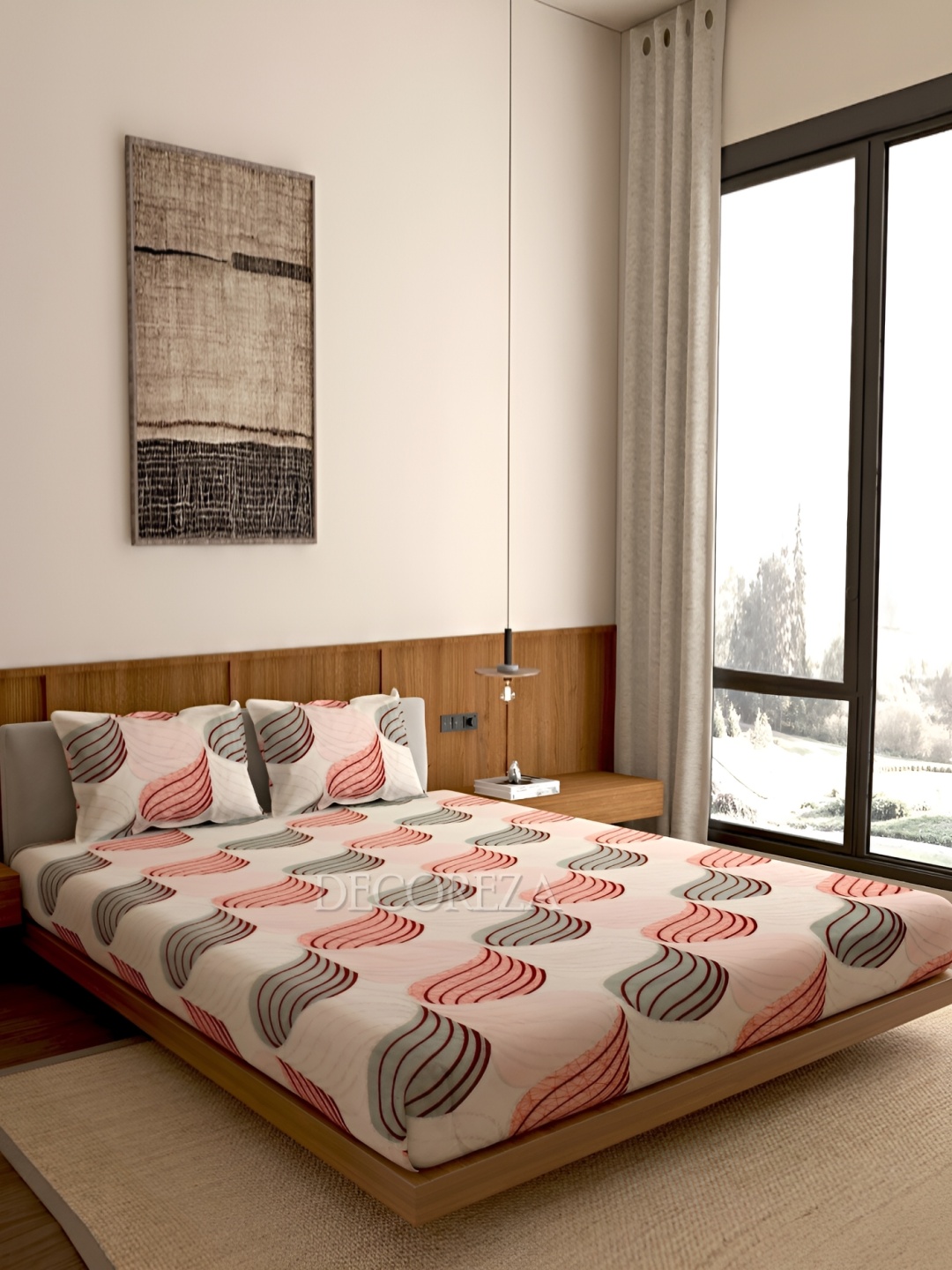 DECOREZA Beige & Grey Graphic 300 TC 130 GSM Queen Bedsheet with 2 Pillow Covers