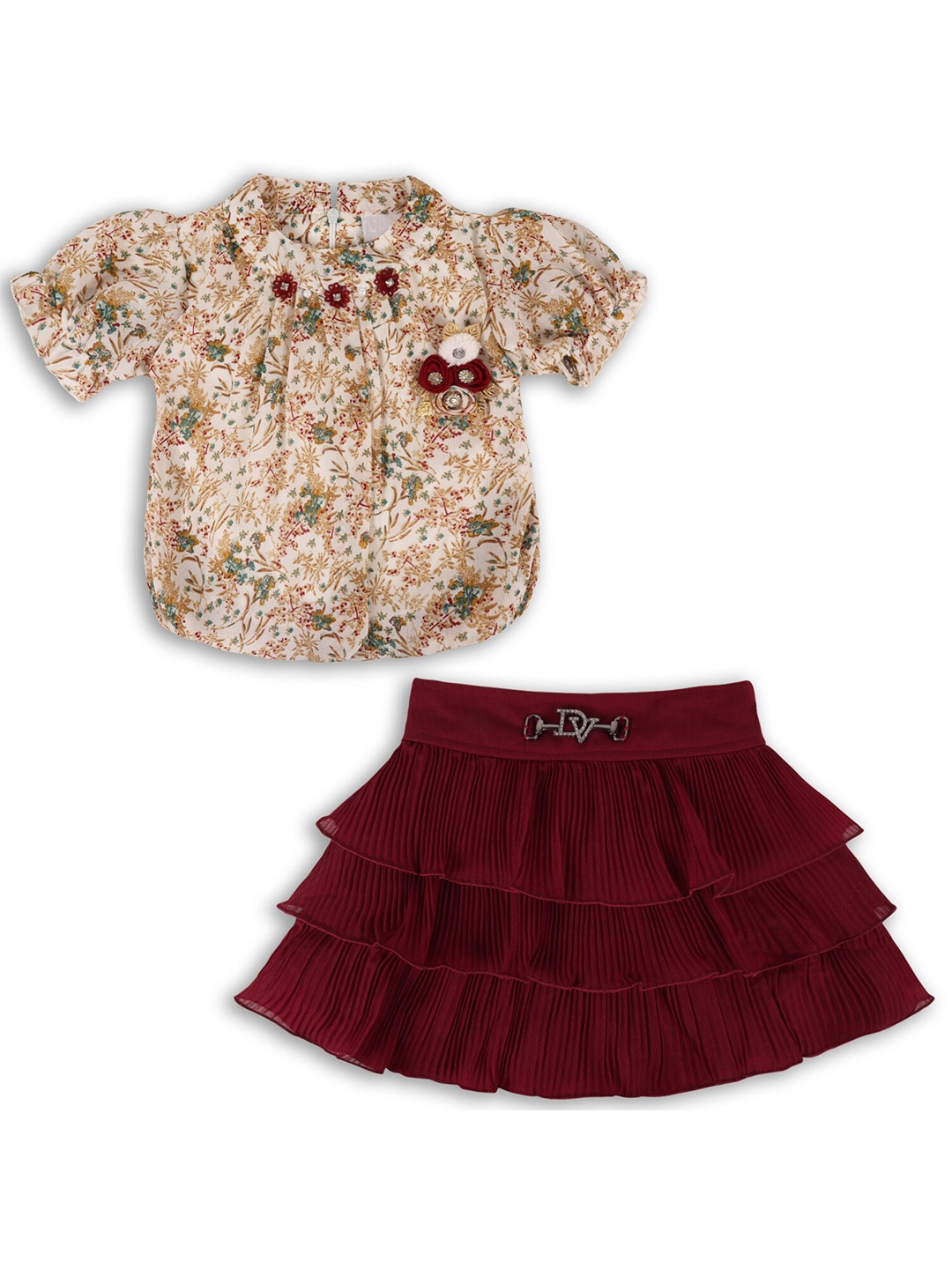 

Wish Karo Girls Printed Top With Skirt, Maroon