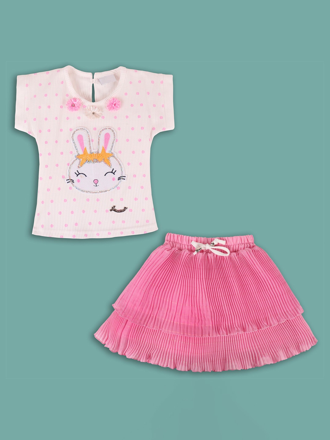

Wish Karo Girls Printed Georgette Applique T-shirt with Skirt, Pink