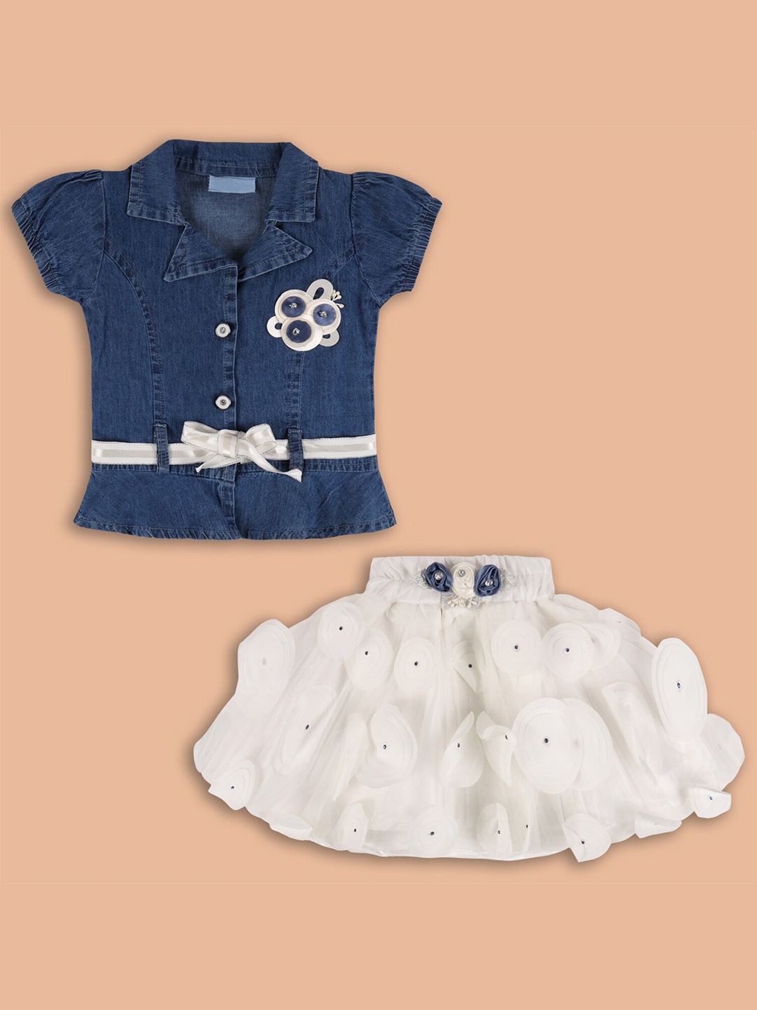 

Wish Karo Girls Embellished Shirt with Skirt, Navy blue