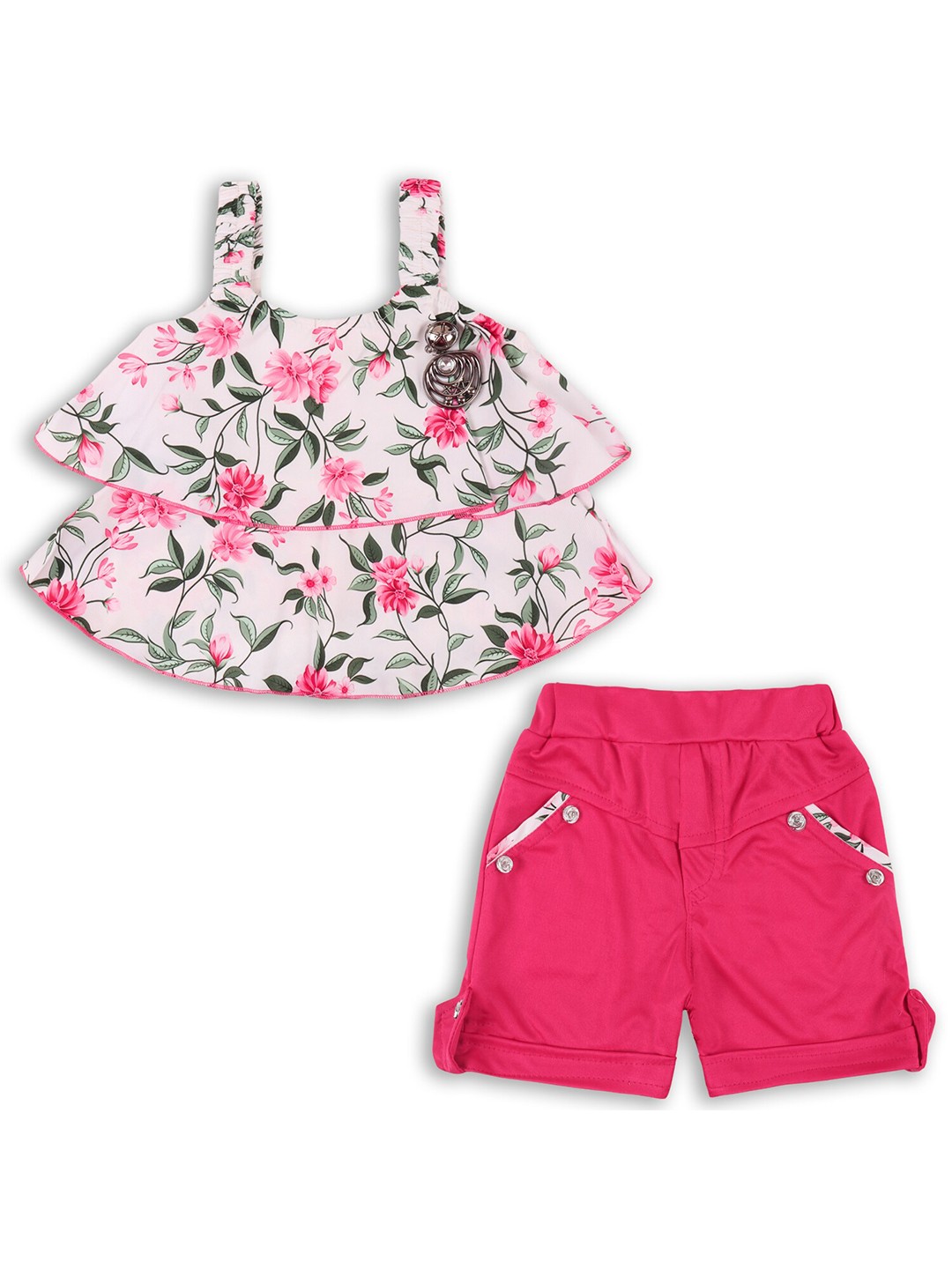 

Wish Karo Infant Girls Floral Printed Sleeveless Pure Silk Satin Layered Top With Shorts, White