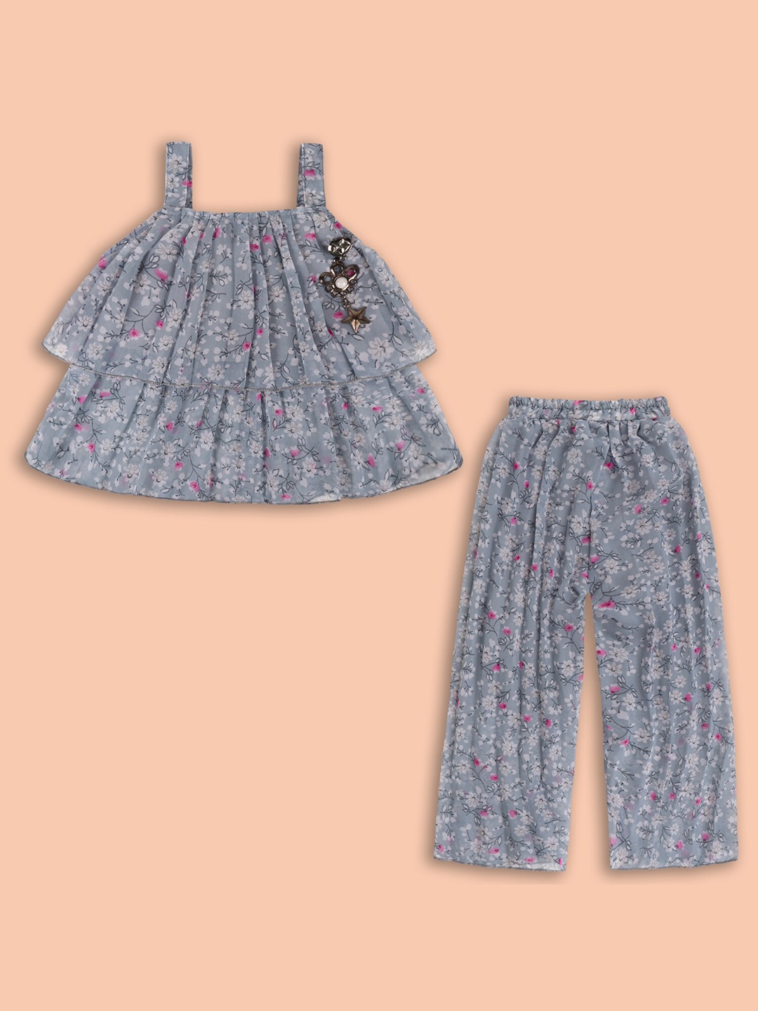 

Wish Karo Infant Girls Floral Printed Georgette Layered Top With Palazzo, Grey