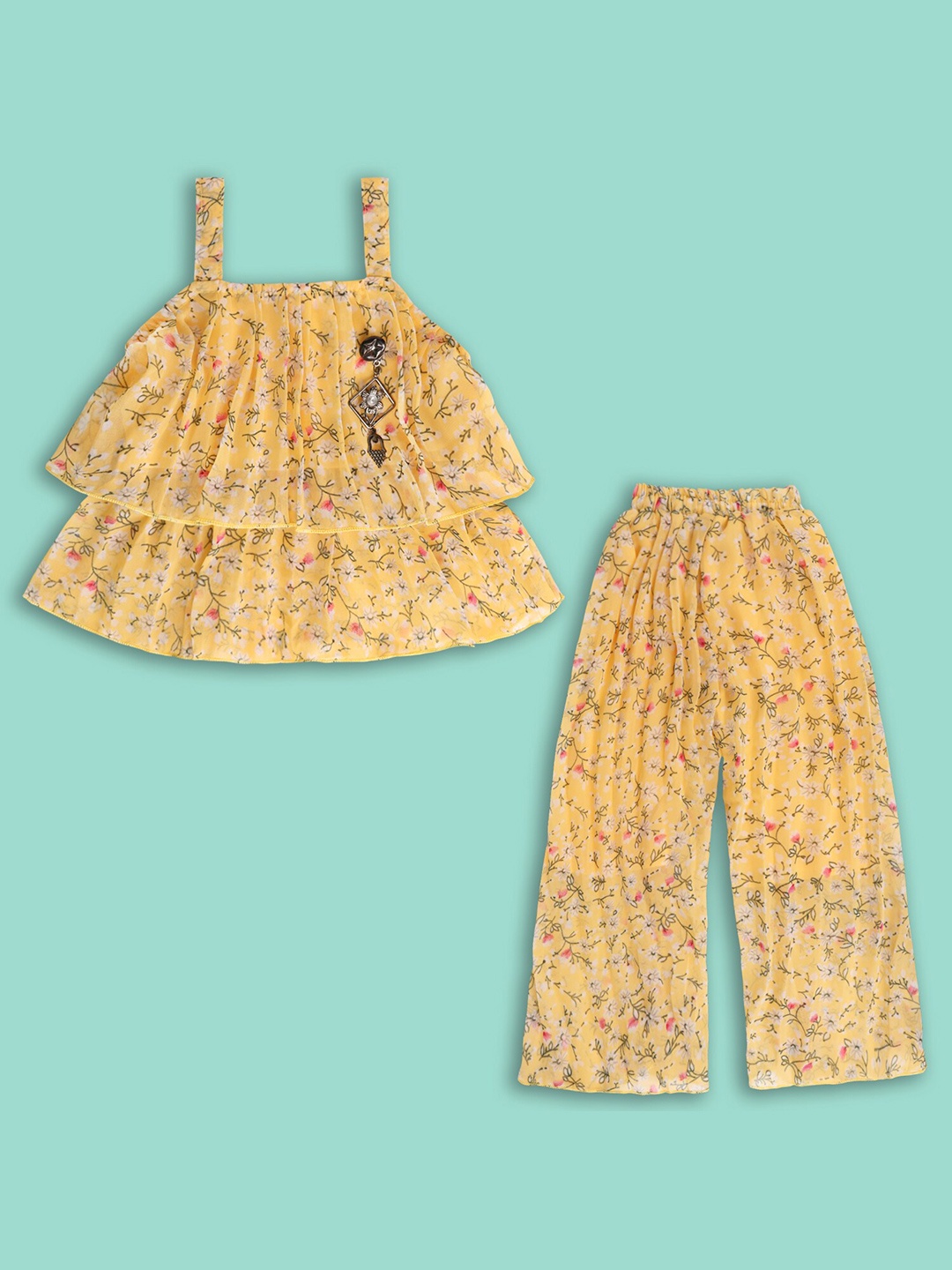 

Wish Karo Infant Girls Floral Printed Georgette Layered Top With Palazzo, Yellow