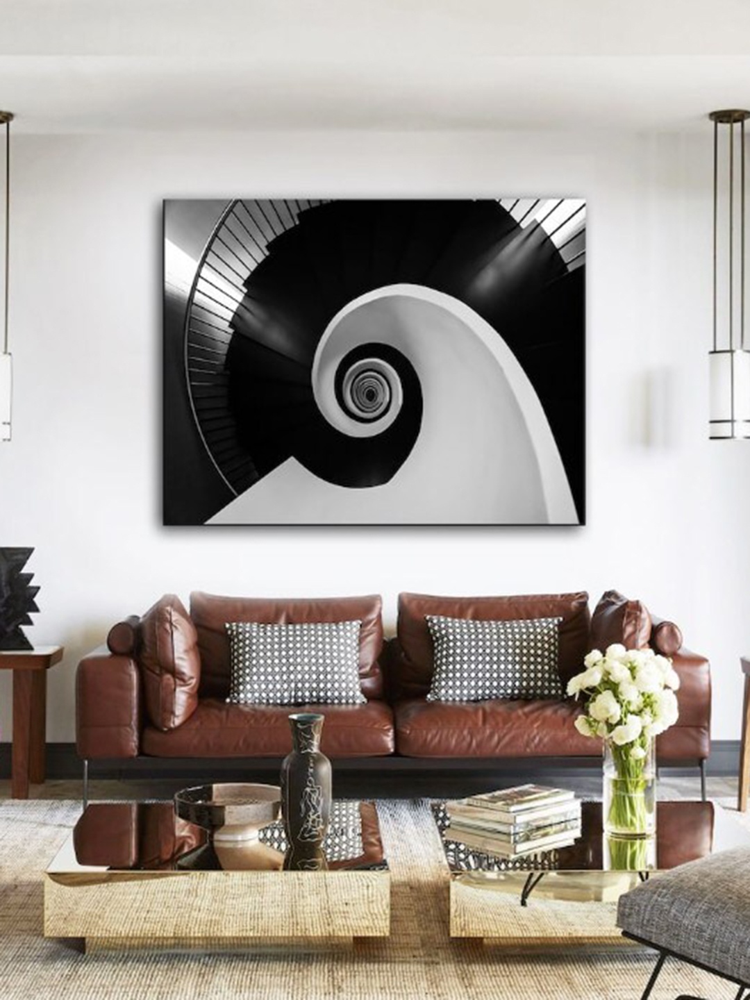 

SPACE OF JOY Black & Grey Spiral Artistic Stairs Canvas Painting Wall Art