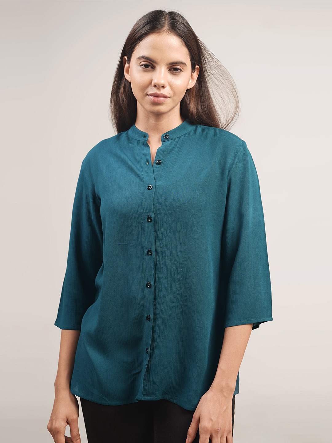 

IDK Mandarin Collar Three-Quarter Sleeves Shirt Style Top, Teal