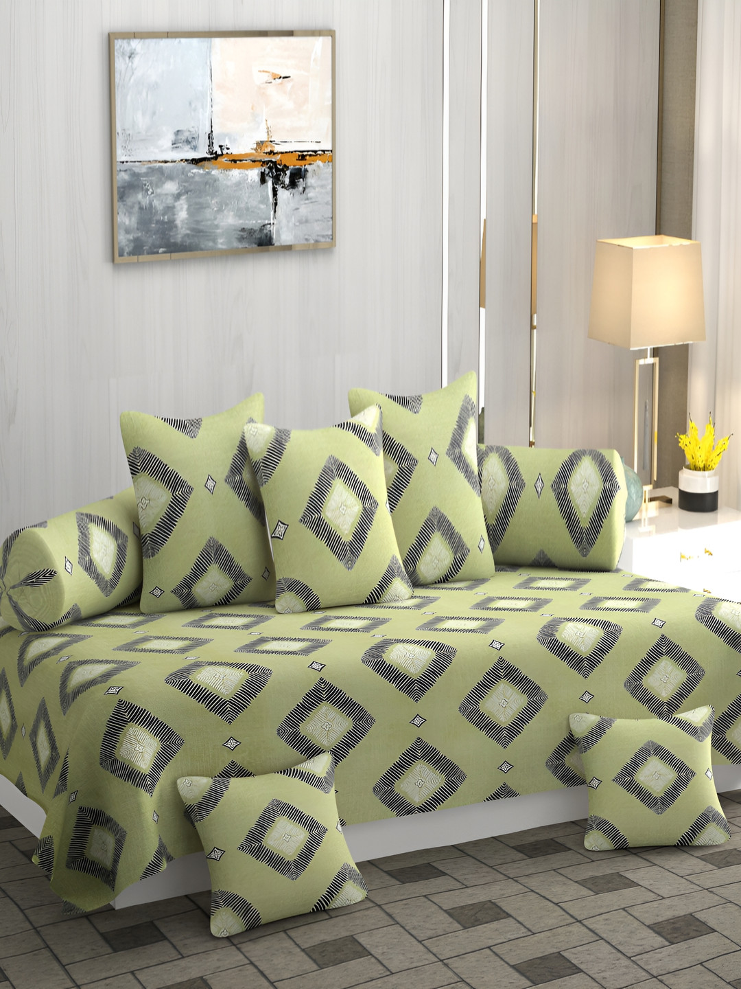 

CHHILAKIYA 8 Pieces Green Printed Cotton Diwan Set