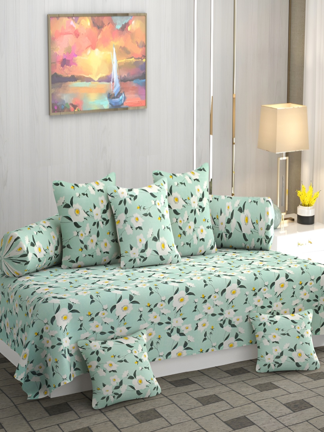 

CHHILAKIYA 8 Pieces Green & White Floral Printed Cotton Diwan Set