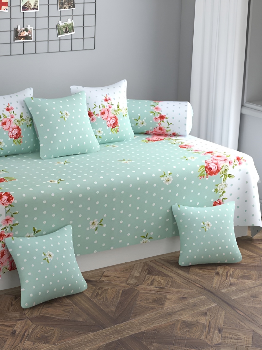 

CHHILAKIYA 8 Pieces White & Green Floral Printed Cotton Diwan Set