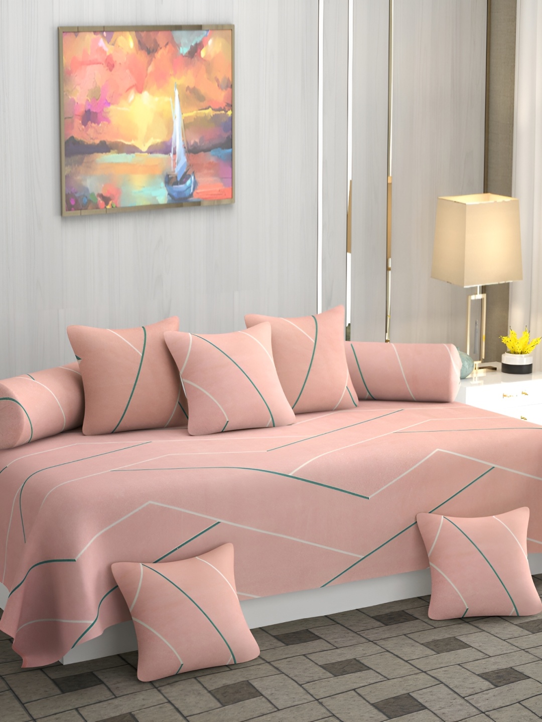 

CHHILAKIYA 8 Pieces Peach & Grey Geometric Printed Cotton Diwan Set