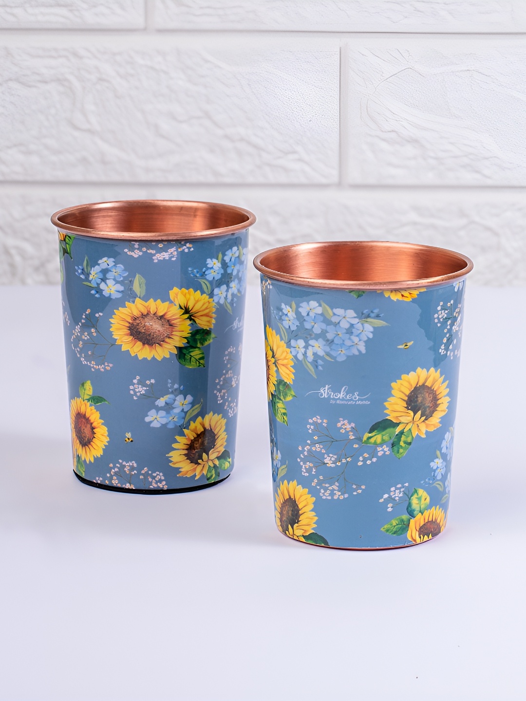 

Strokes by Namrata Mehta Blue Yellow 2 pcs Floral Copper Water or Juice Glass 200 ml