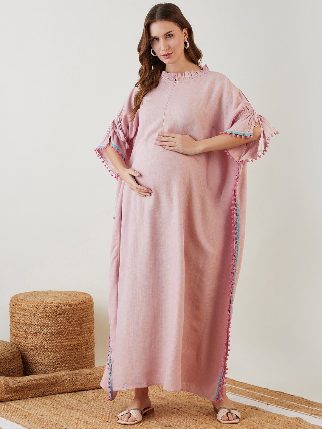 

The Kaftan Company Pink Kimono Sleeve with Pom-Pom Detail Maternity Kaftan Maxi Dress