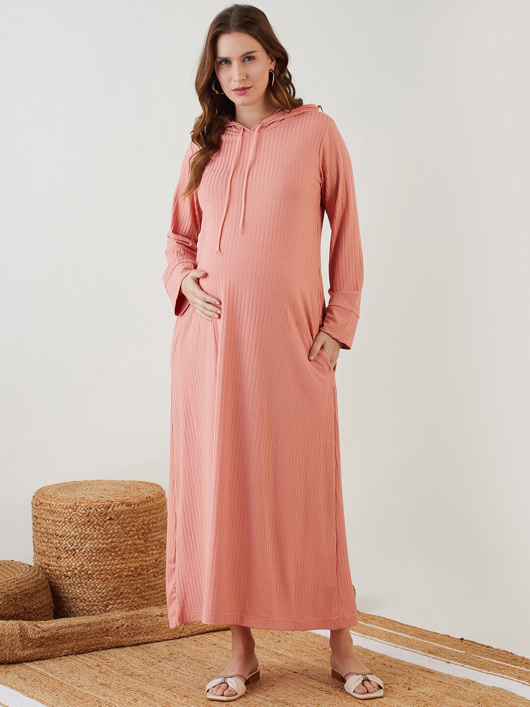 

The Kaftan Company Long Sleeves Hooded Maternity A-Line Maxi Dress, Peach