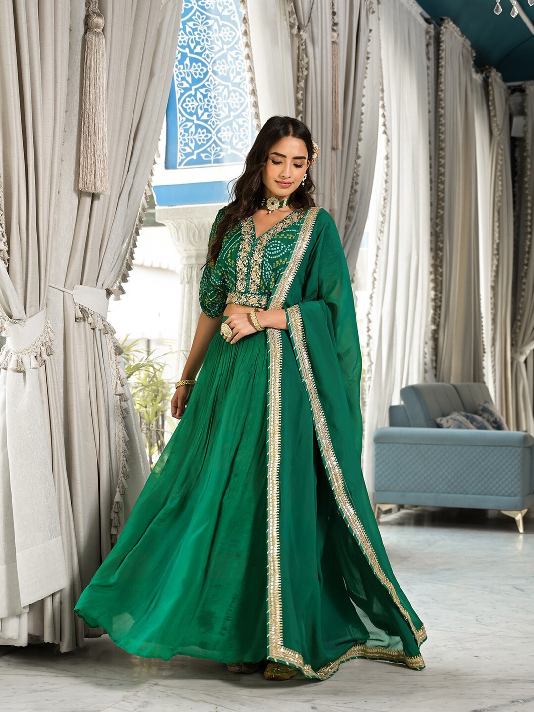 

Divena Embroidered Zardozi Ready to Wear Lehenga & Blouse With Dupatta, Green