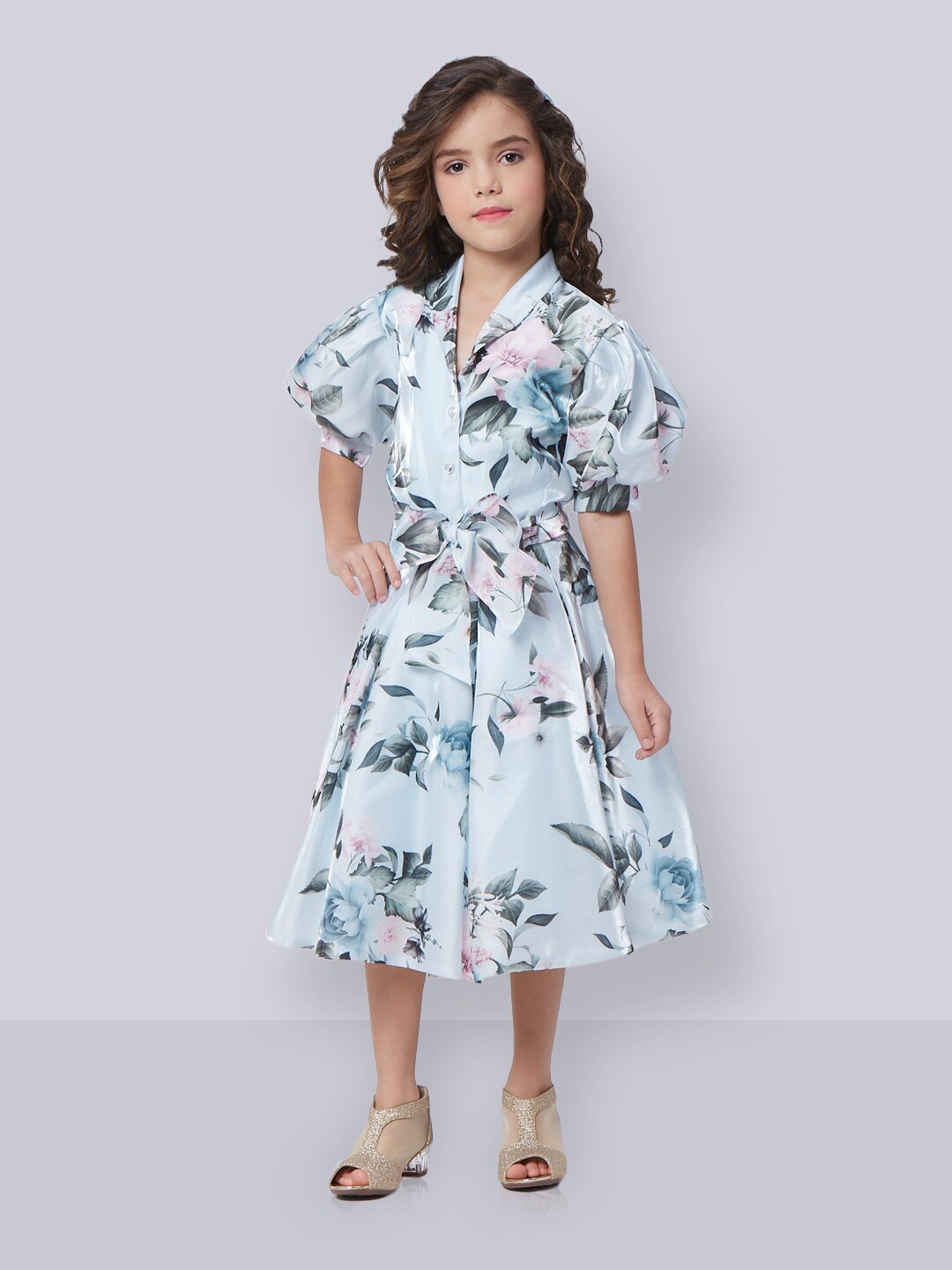 

Peppermint Girls Floral Printed Shawl Collar Puff Sleeves Fit & Flare Midi Dress With Belt, Blue