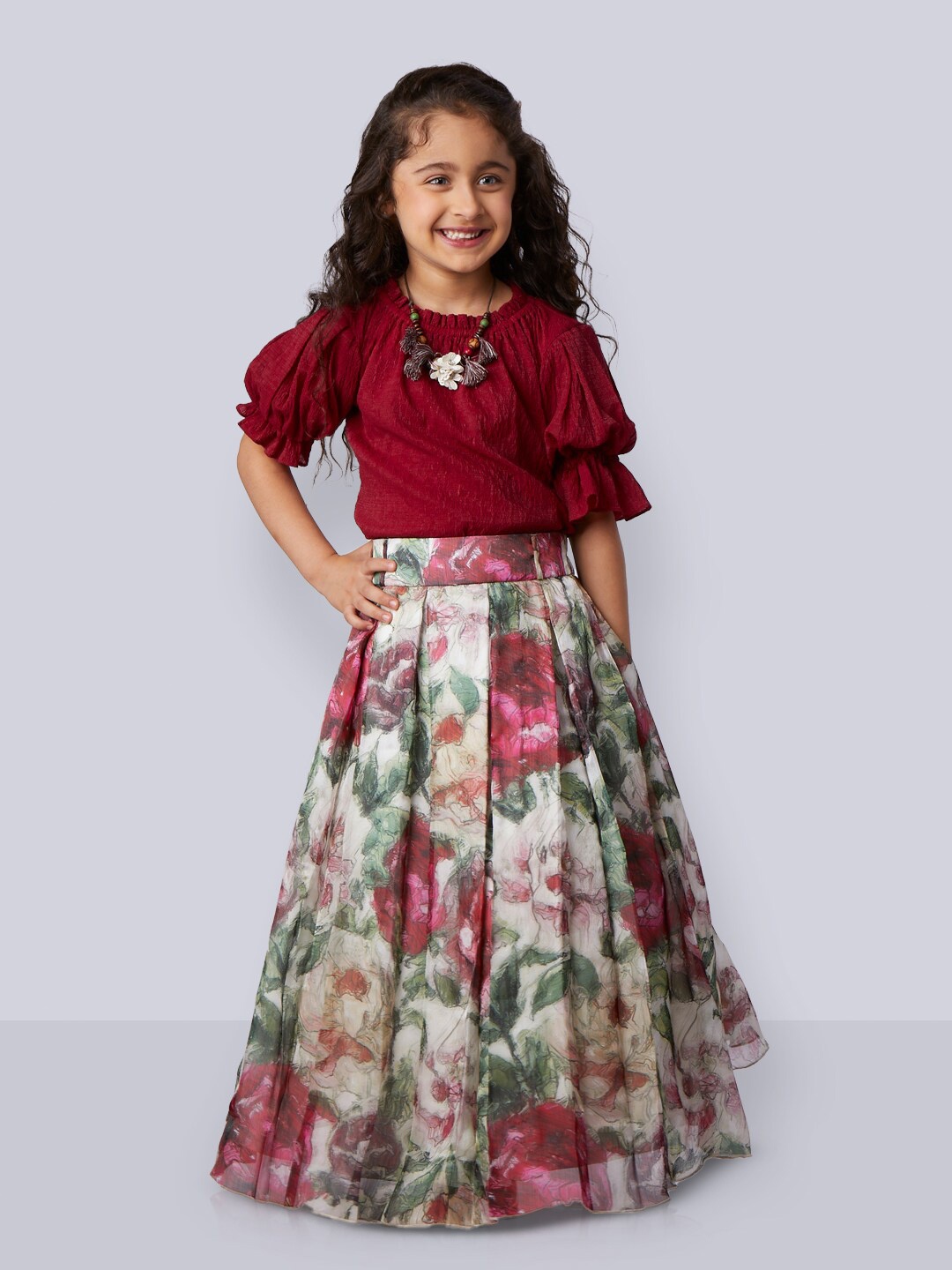 

Peppermint Girls Puff Sleeves Top with Skirt, Maroon