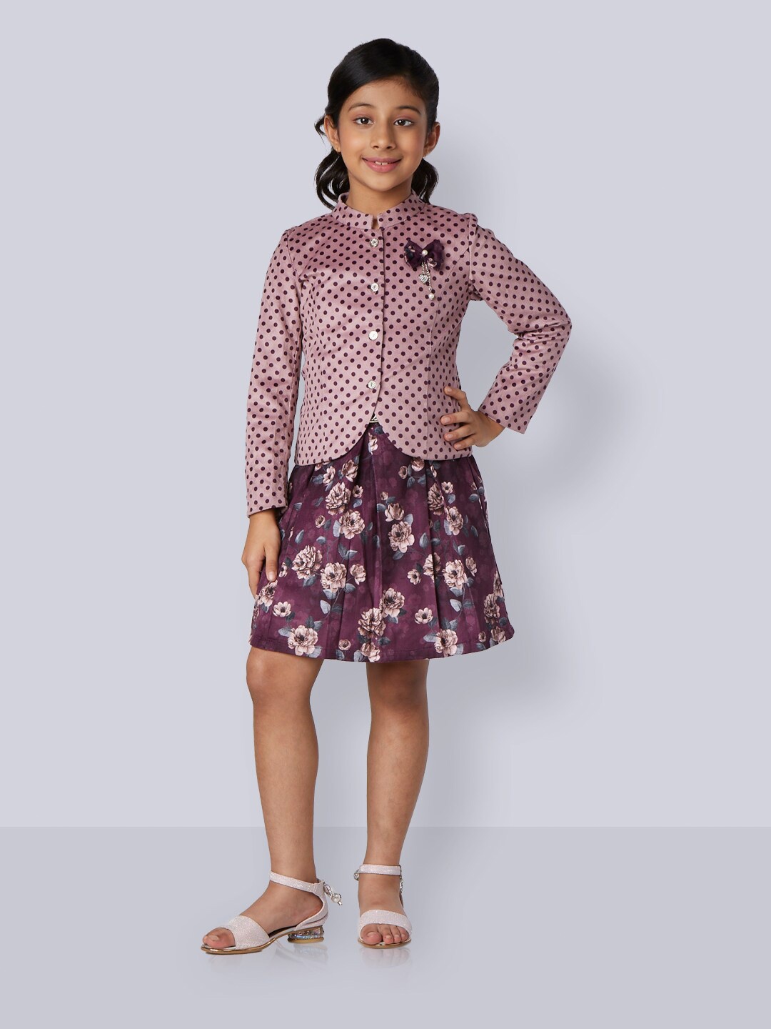 

Peppermint Girls Polka Dot Printed long Sleeves Top with Skirt, Purple