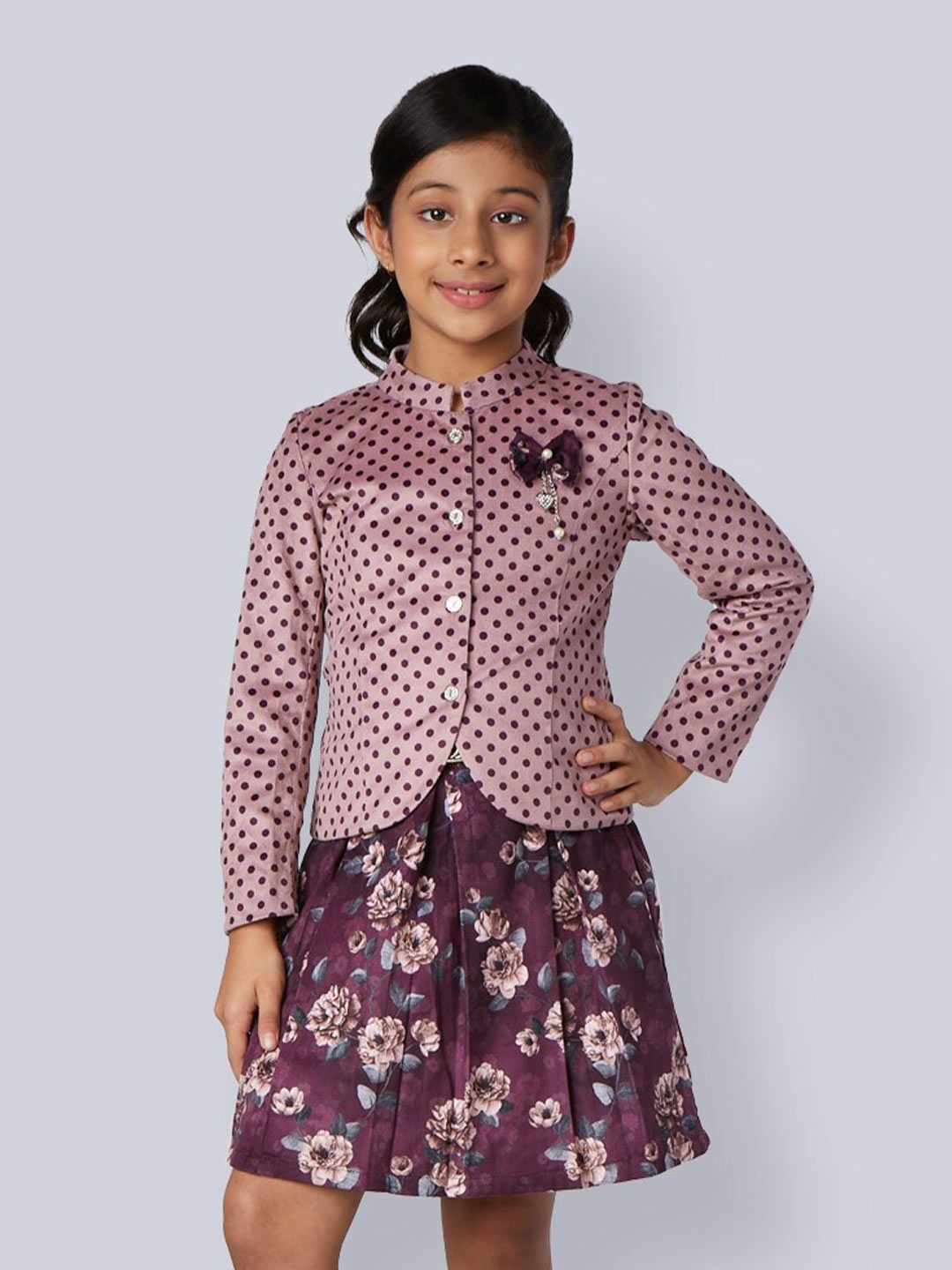 

Peppermint Girls Polka Dot Printed long Sleeves Top with Skirt, Purple