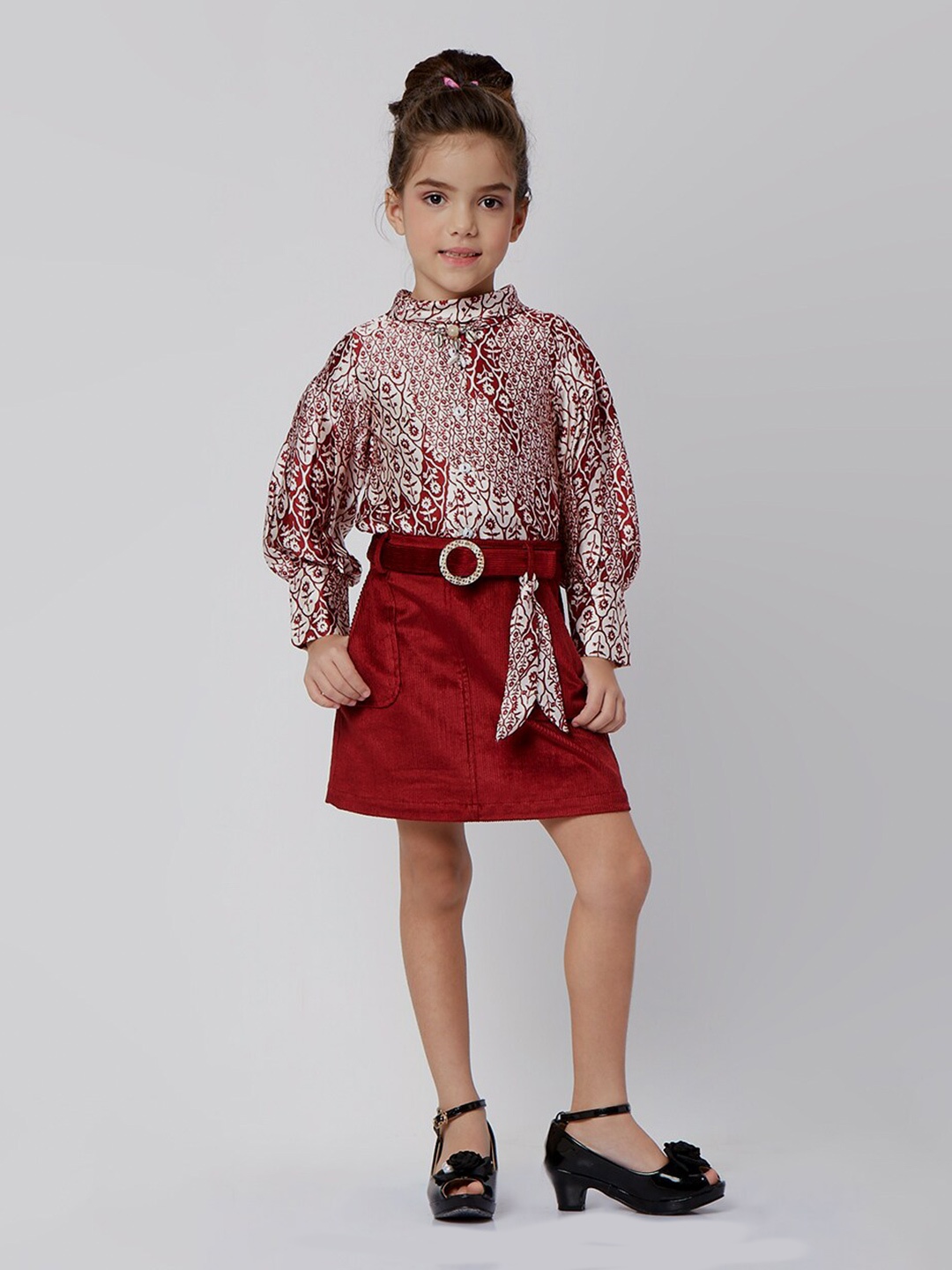 

Peppermint Girls Abstract Printed Top with Skirt, Maroon