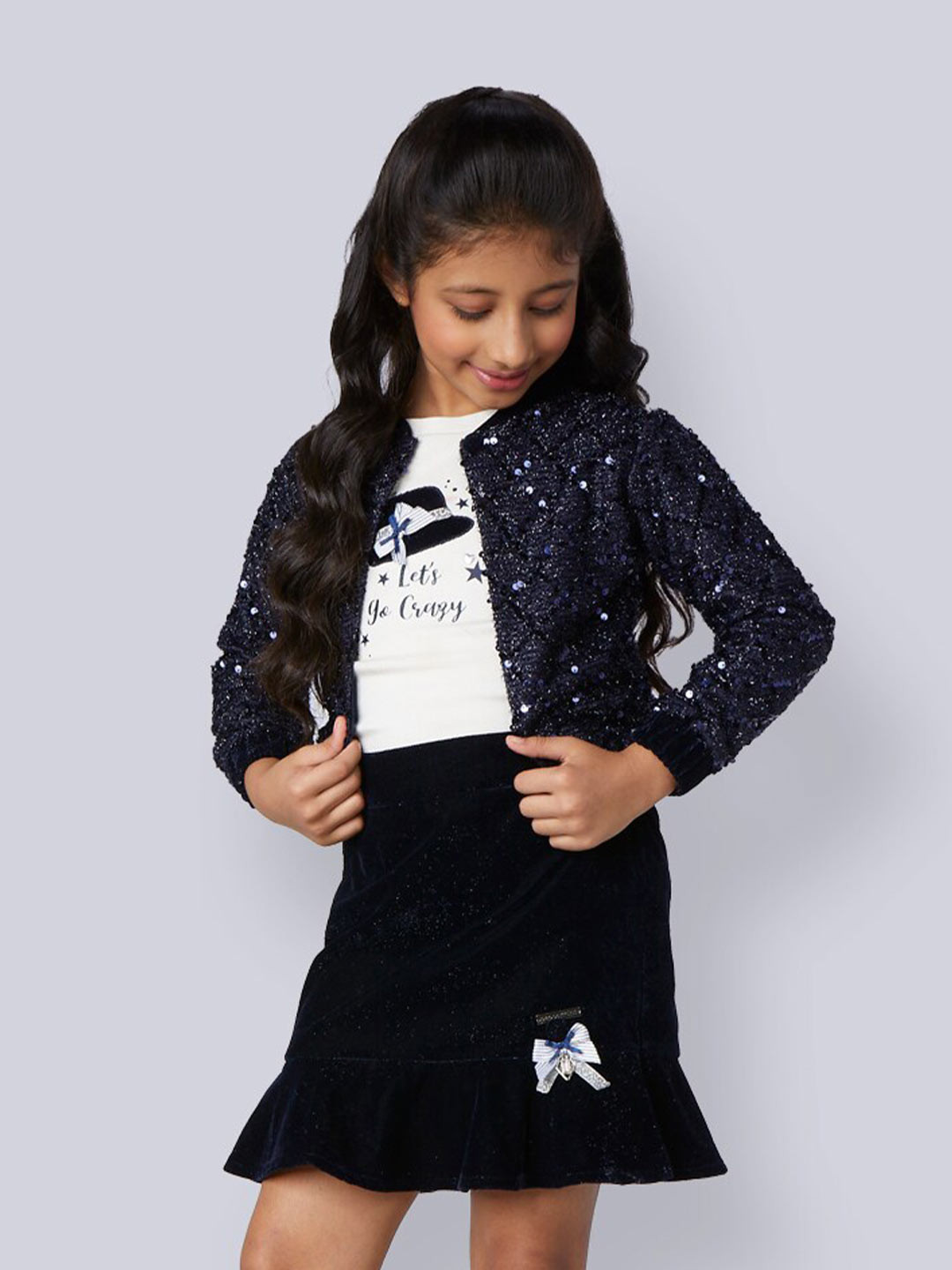 

Peppermint Girls Typography Printed Pure Cotton Top With Skirt Clothing Set, Navy blue