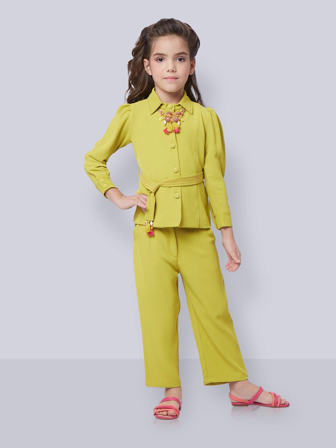 

Peppermint Girls Shirt Collar Puff Sleeve Shirt with Trousers, Green