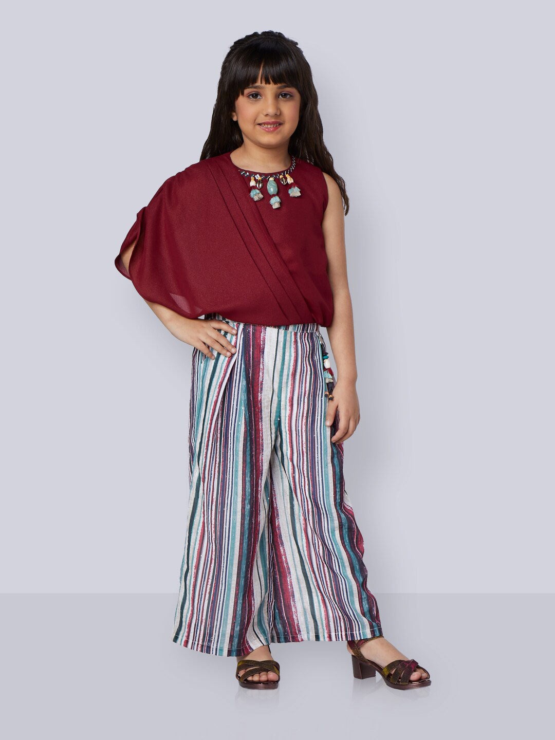 

Peppermint Girls Round Neck Embellished Pleated Top with Palazzos, Maroon