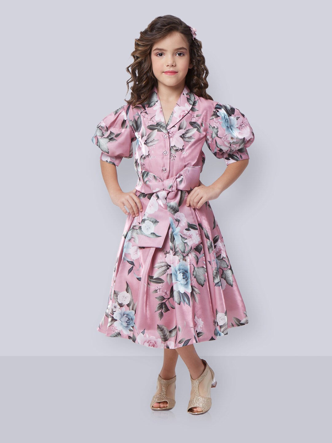 

Peppermint Girls Floral Printed Shawl Collar Puff Sleeves Fit & Flare Midi Dress With Belt, Peach