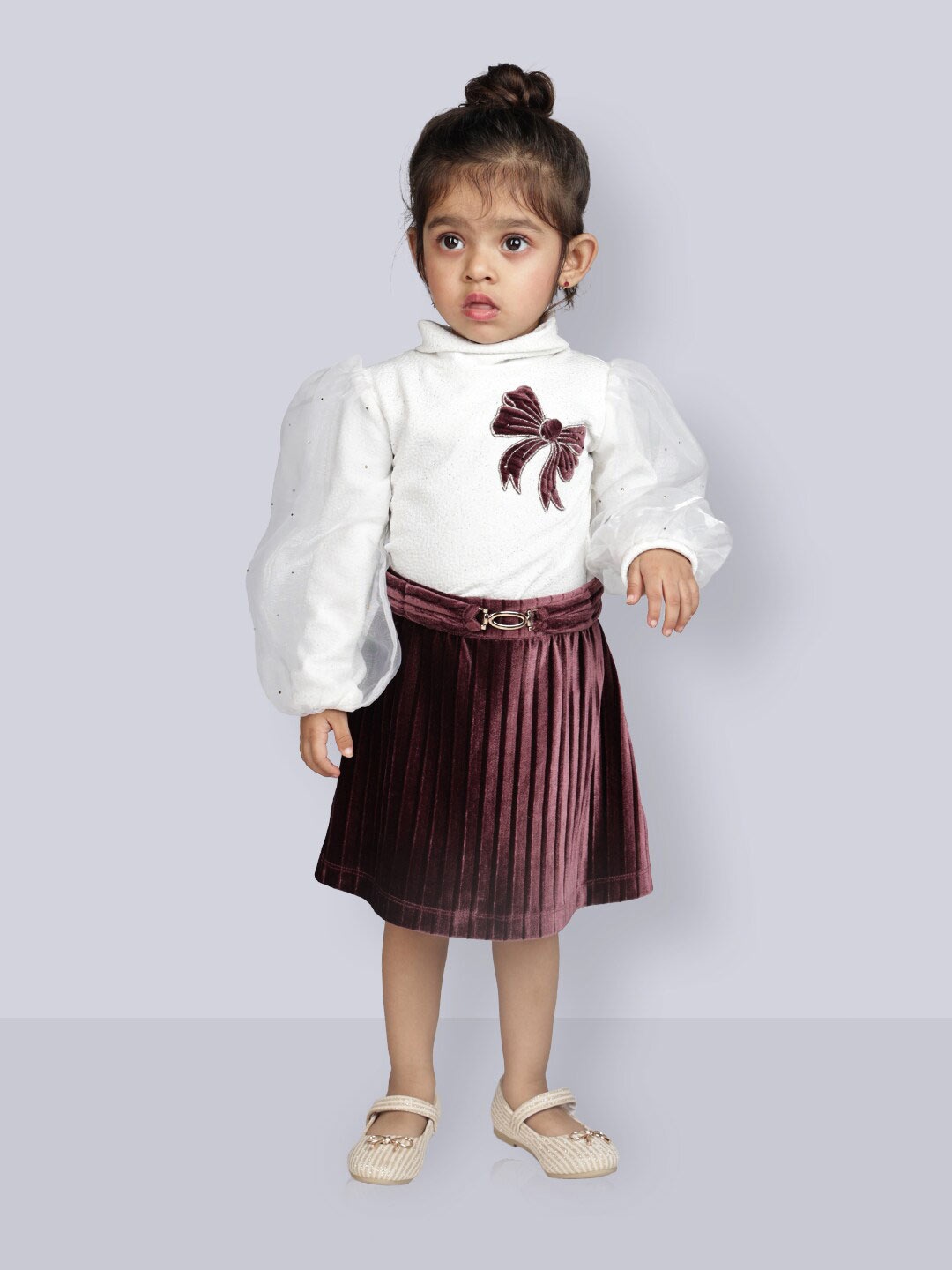 

Peppermint Girls Puff Sleeves Top With Skirt, Maroon