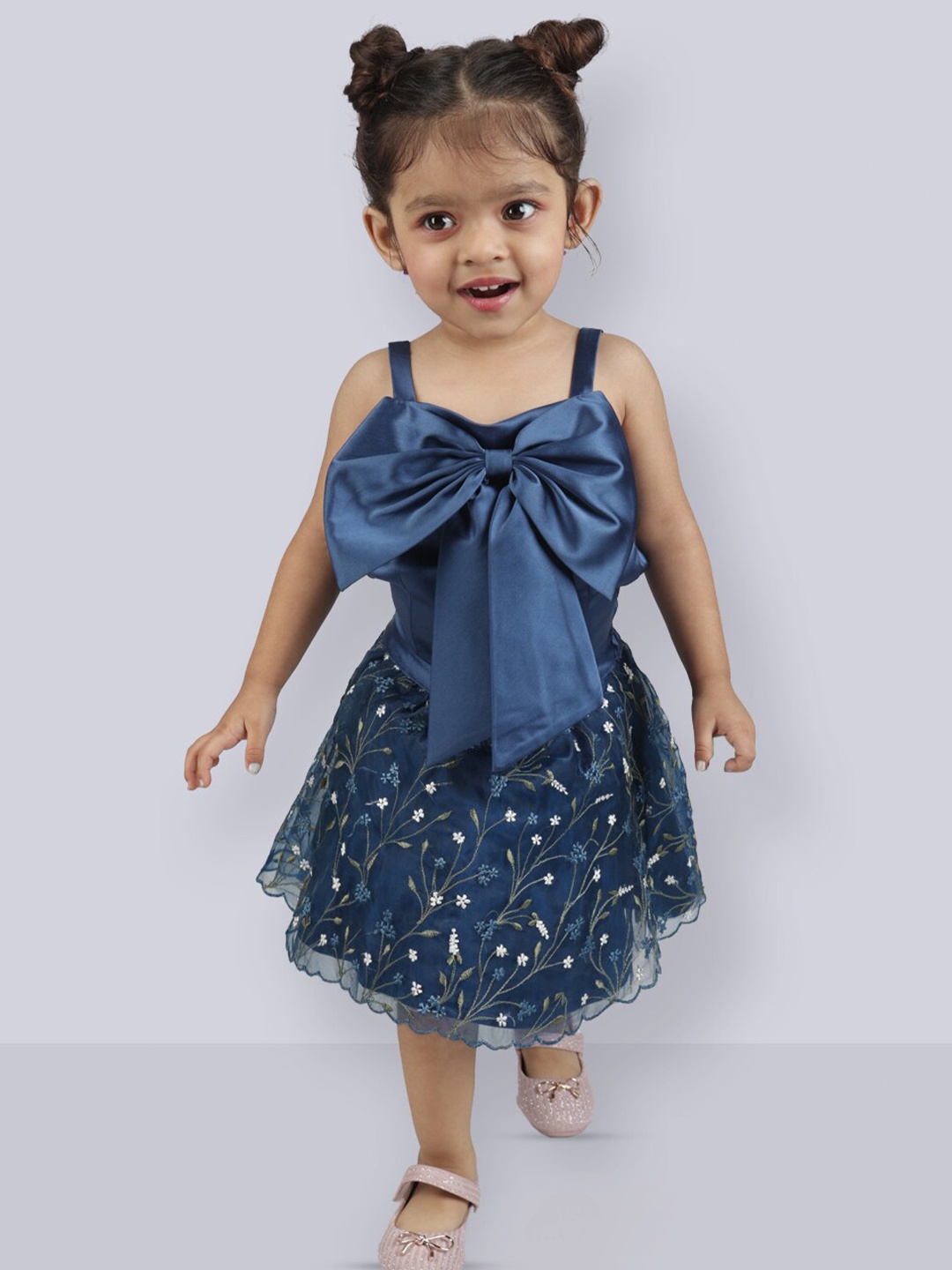

Peppermint Girls Floral Embroidered Shoulder Straps Bow Fit & Flare Dress, Navy blue