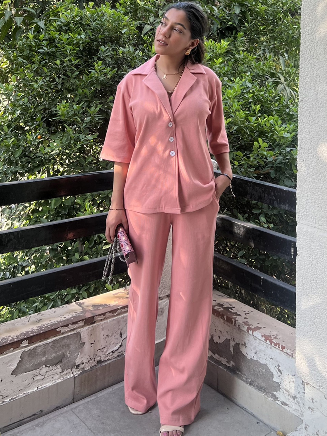 

Obleka Cuban Collar Three-Quarter Sleeves Shirt & Palazzo, Pink