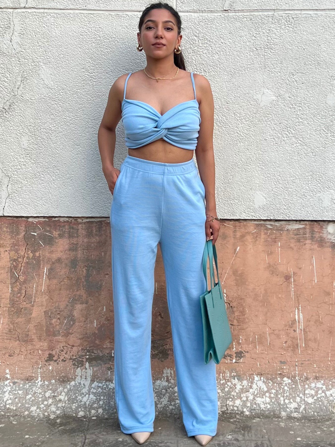 

Obleka Shoulder Strap Ribbed Plush Crop Top & Trousers, Blue