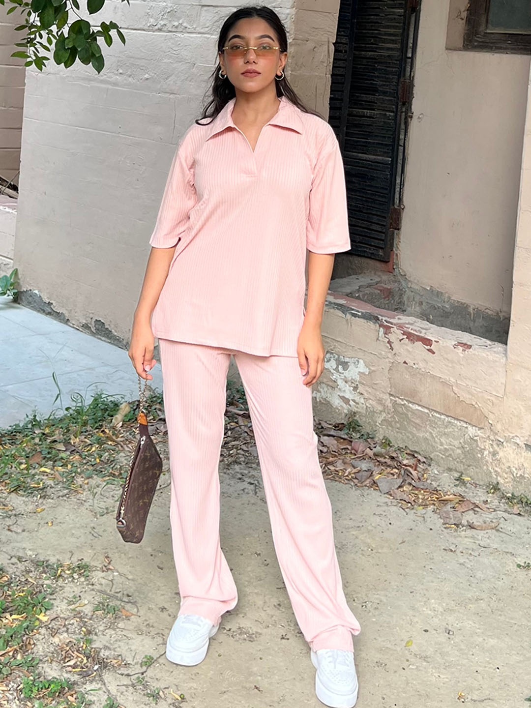 

Obleka Ribbed Shirt Collor Top With Trouser, Pink