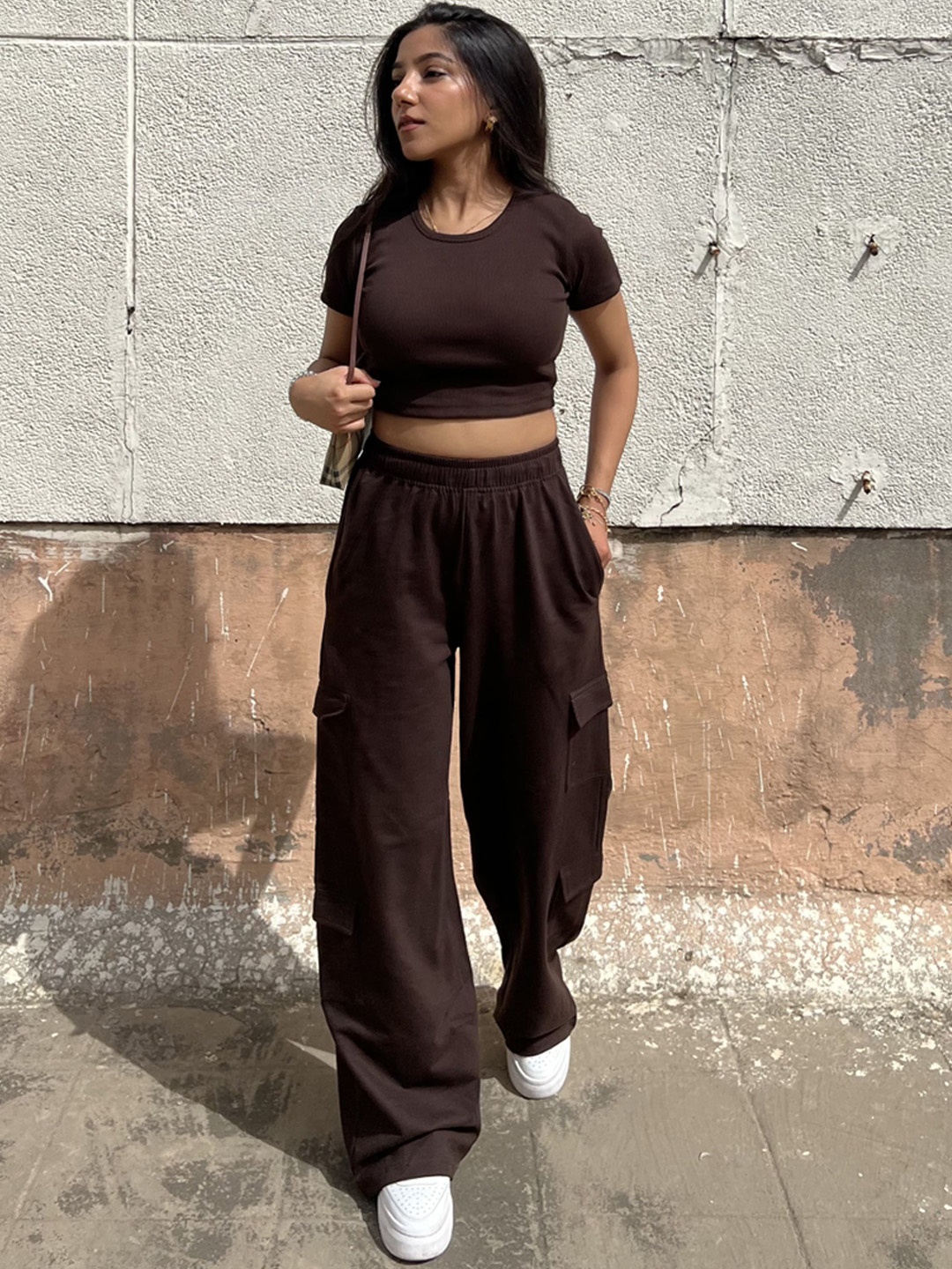 

Obleka Ribbed French Terry Round Neck Crop Top With Cargo Trousers Co-ords, Brown