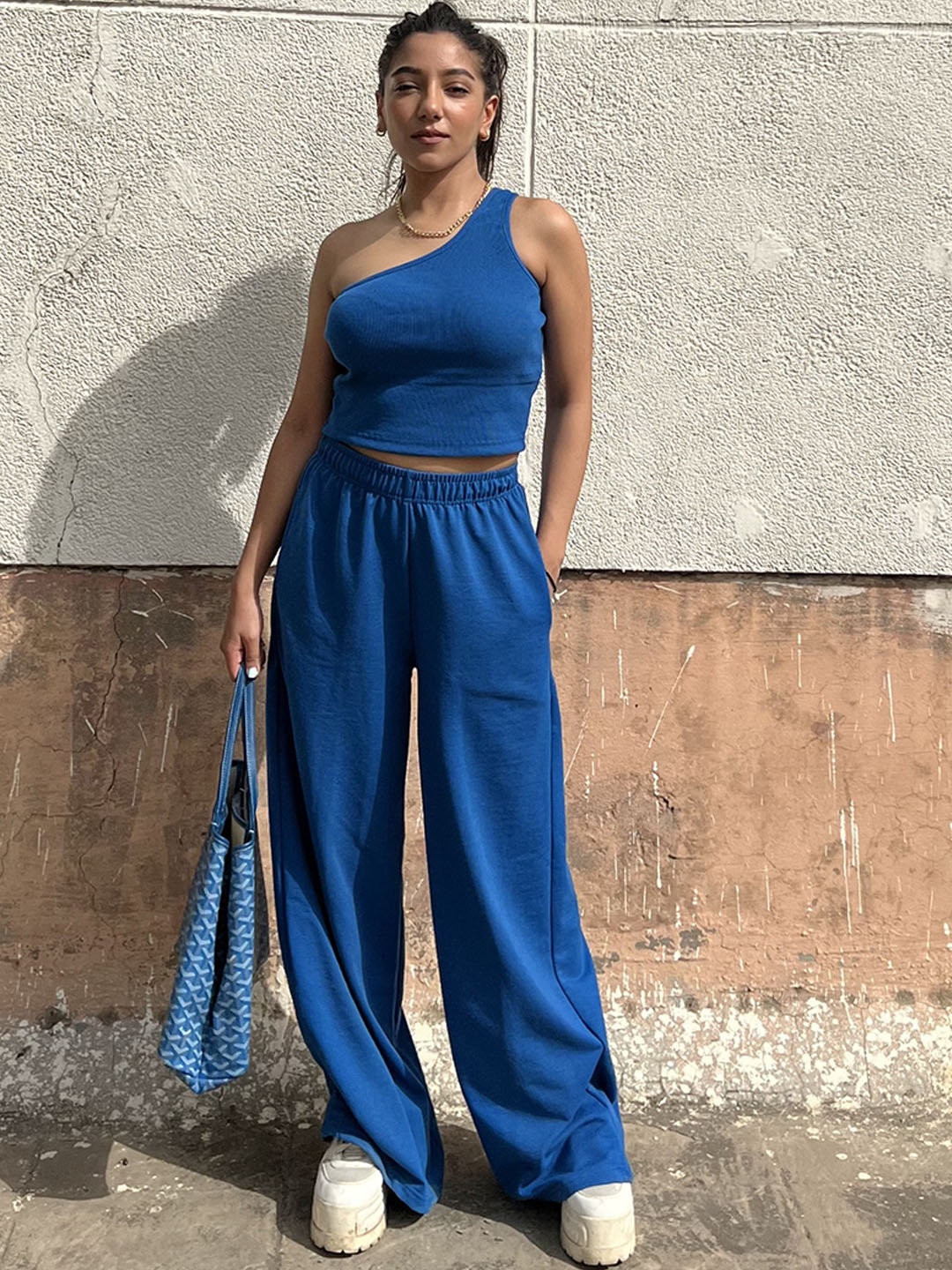 

Obleka Ribbed French Terry One Shoulder Crop Top With Flared Trousers Co-ords, Blue