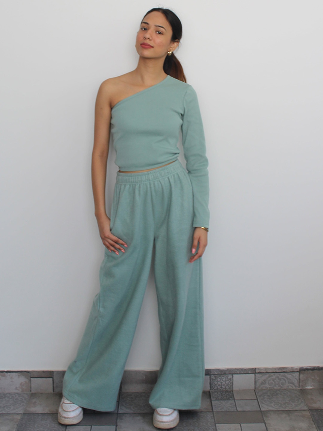 

Obleka Women One Shoulder Cotton Fleece Crop Top & Flared Trousers Co-Ords, Blue