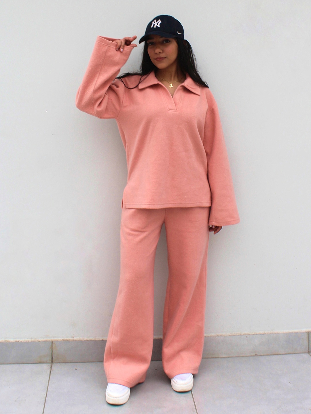 

Obleka Cotton fleece Shirt With Flared Trousers Co-Ords, Pink