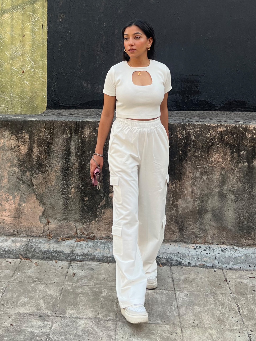 

Obleka Women Ribbed French Terry Crop Top & Cargo-Style Trousers Co-Ords With Cut-Out, Off white