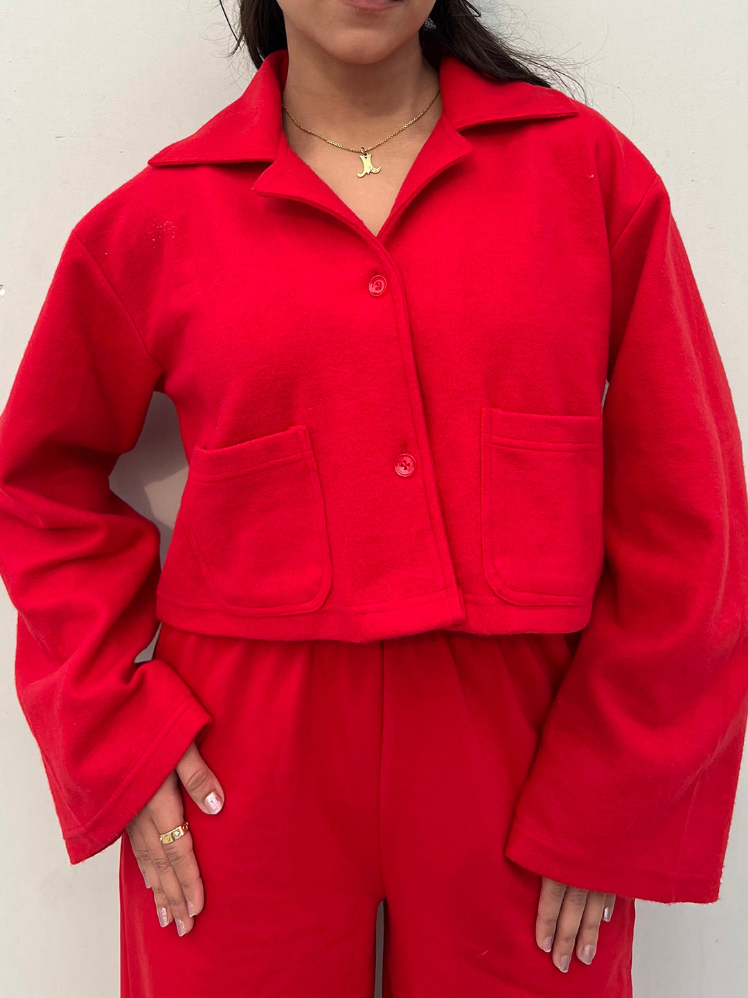 

Obleka Women Cuban Collar Cotton Fleece Crop Shirt & Flared Trousers Co-Ords, Red