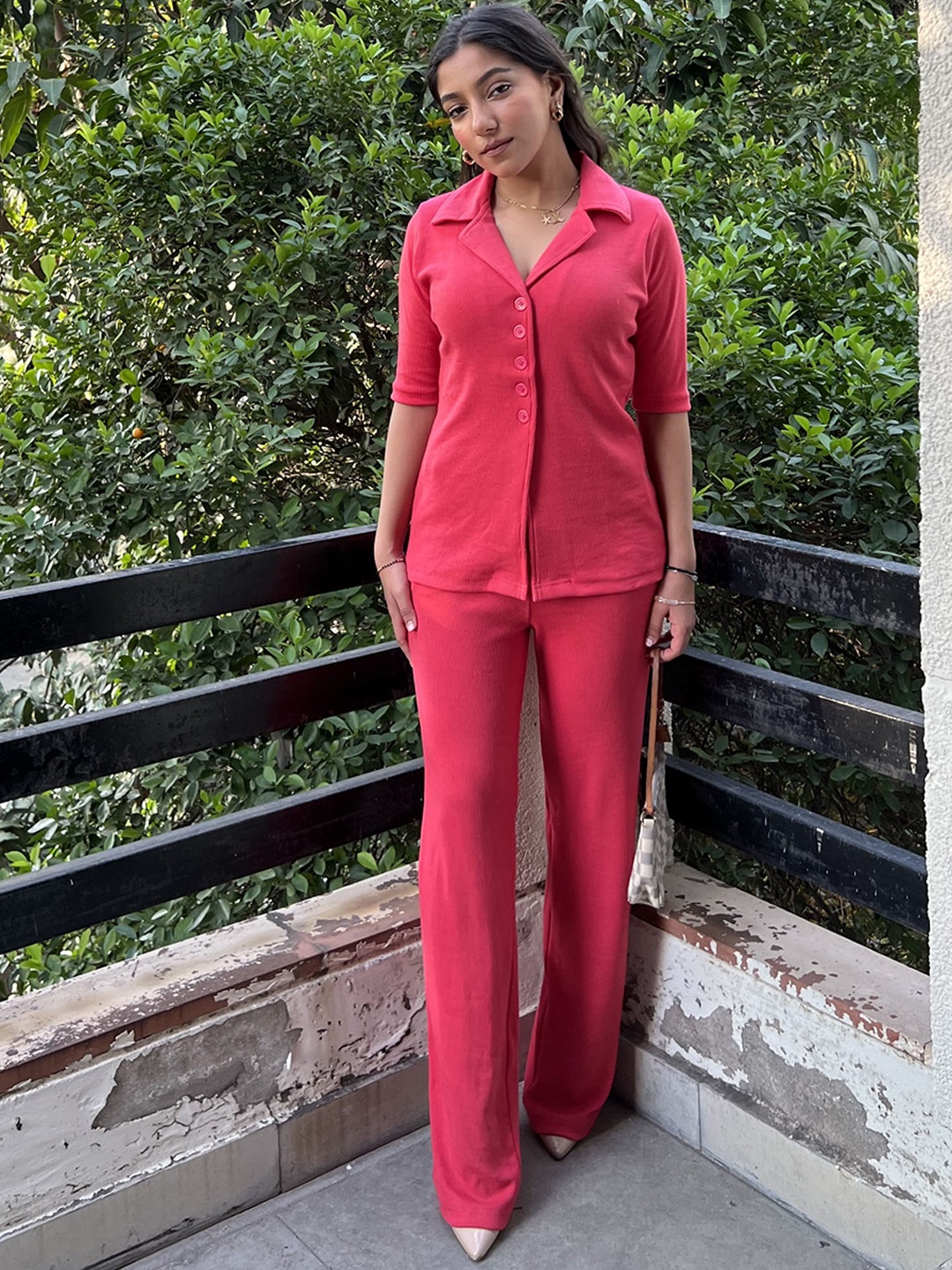 

Obleka Women Ribbed Notched-Lapel Collar Shirt & Trousers Co-Ords, Pink