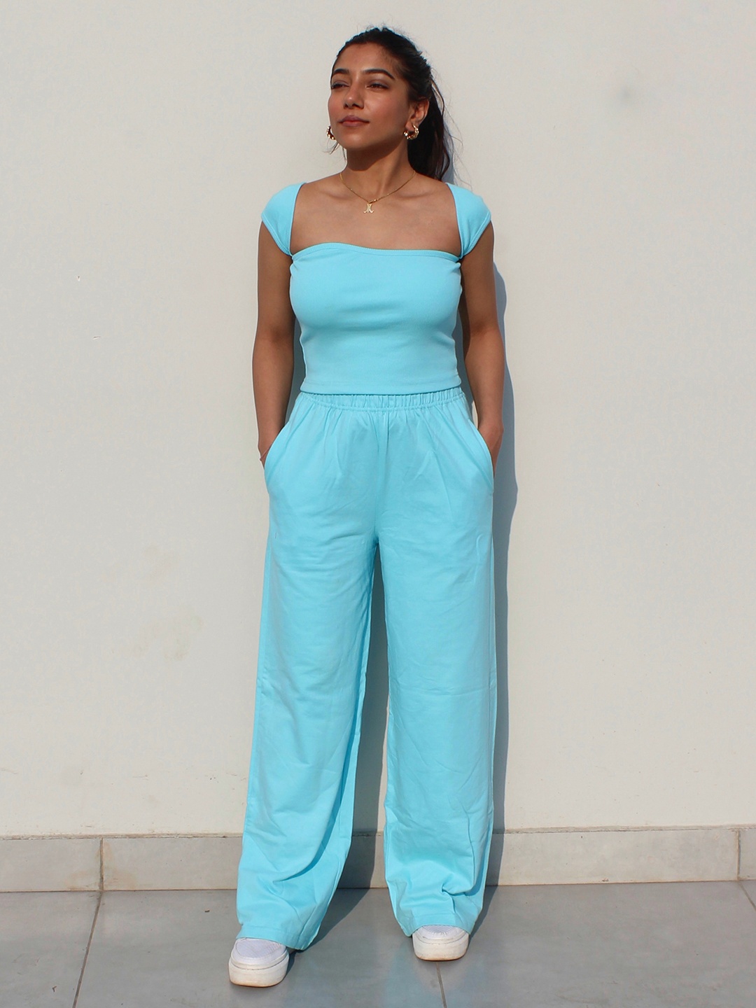 

Obleka Rib Square Neck Top With French Terry Flared Trousers Co-ords, Blue