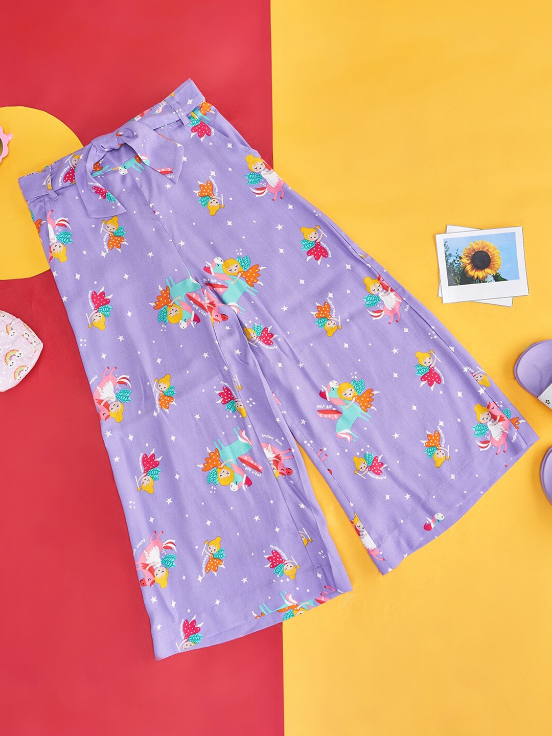 

Pantaloons Junior Girls Quirky Printed Wide Leg Palazzos, Lavender