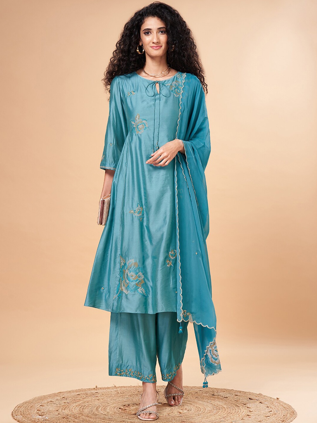 

Marigold Lane Floral Embroidered Kurta & Palazzos With Dupatta, Turquoise blue