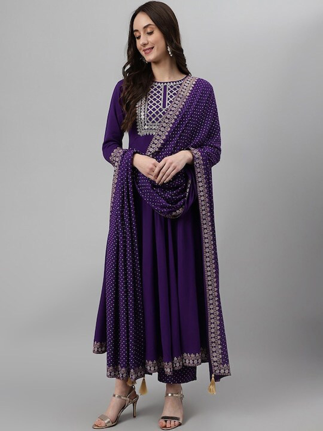 

IkDaiya Ethnic Motifs Yoke Design Anarkali Kurta with Trousers & Dupatta, Purple